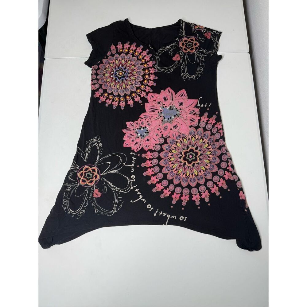 Women’s Bohemian  Dress Tunic Top Floral Pattern Rhinestone Cotton Blend Sz L
